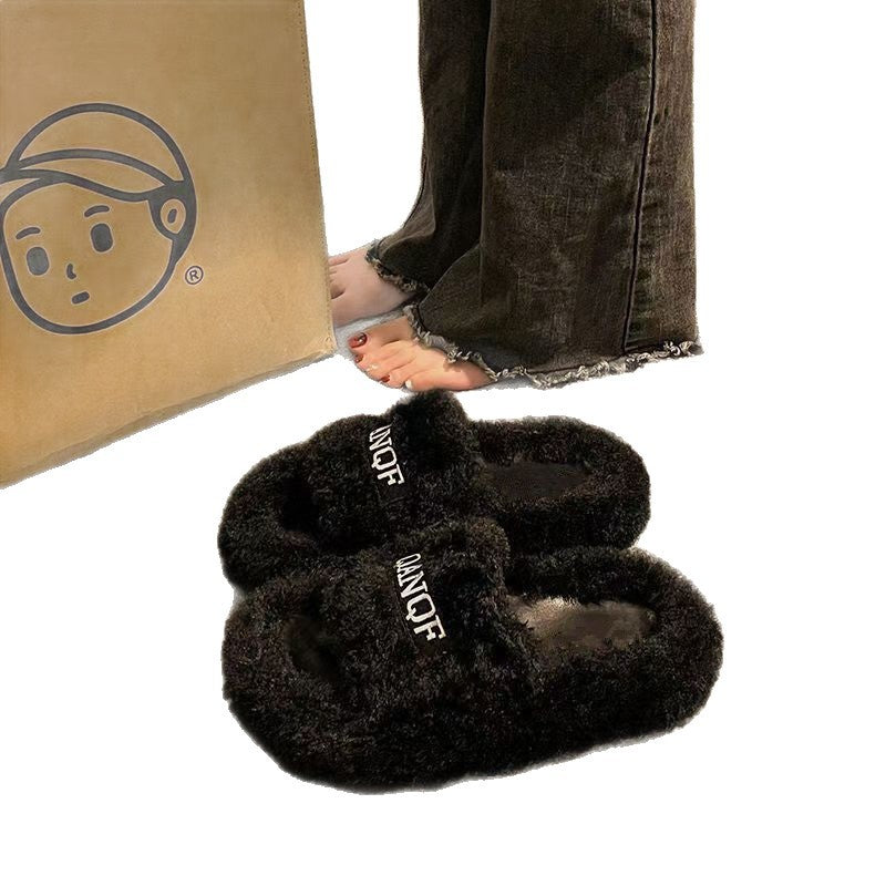 Celebrity style letter fur slippers thick soleoutwearfashioneasiest for match2024 autumn and winter new arrival women's home cotton slippers