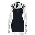 Fashion style cross-border pure color halter neck women's clothing close-fitting slimming look pleated hip skirt shortelegantbackless trendy dress