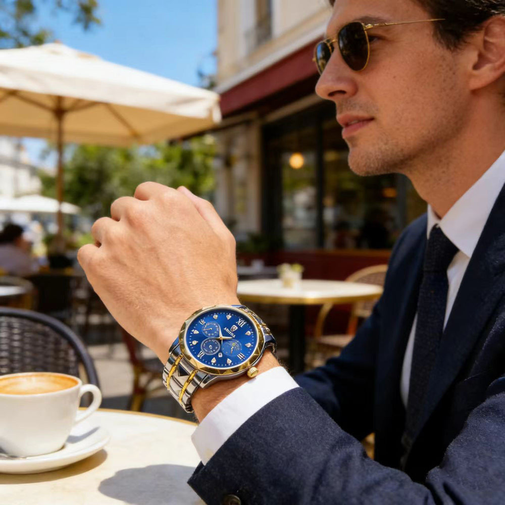 Dropshipping diamond-accented calendar multifunctional moon phase trendy fashion quartz men's watch waterproof luminous men's watch