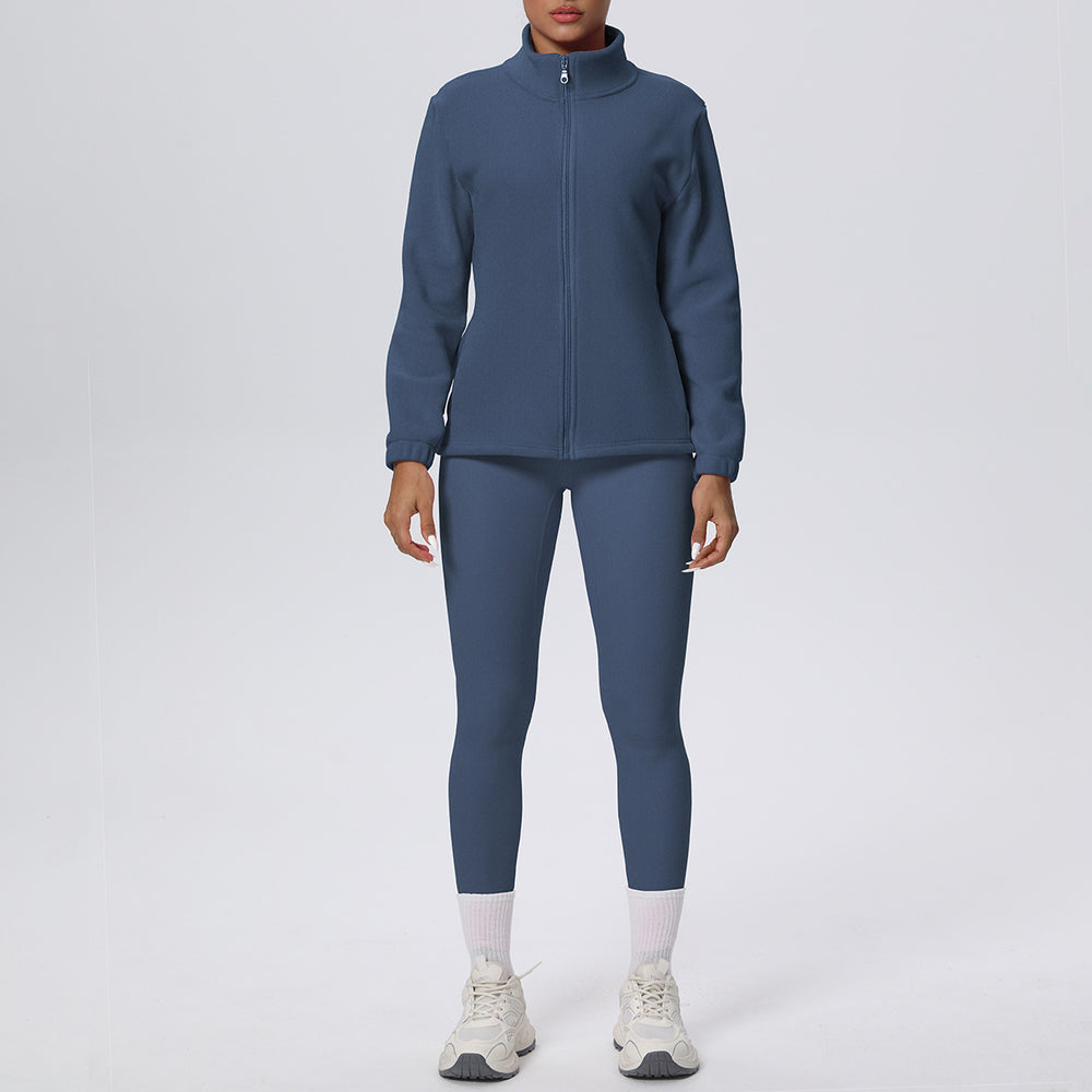 New arrival: solid color fleece-lined stand collar zip-up jacket and pants yoga set - two-piece activewear for running and fitness