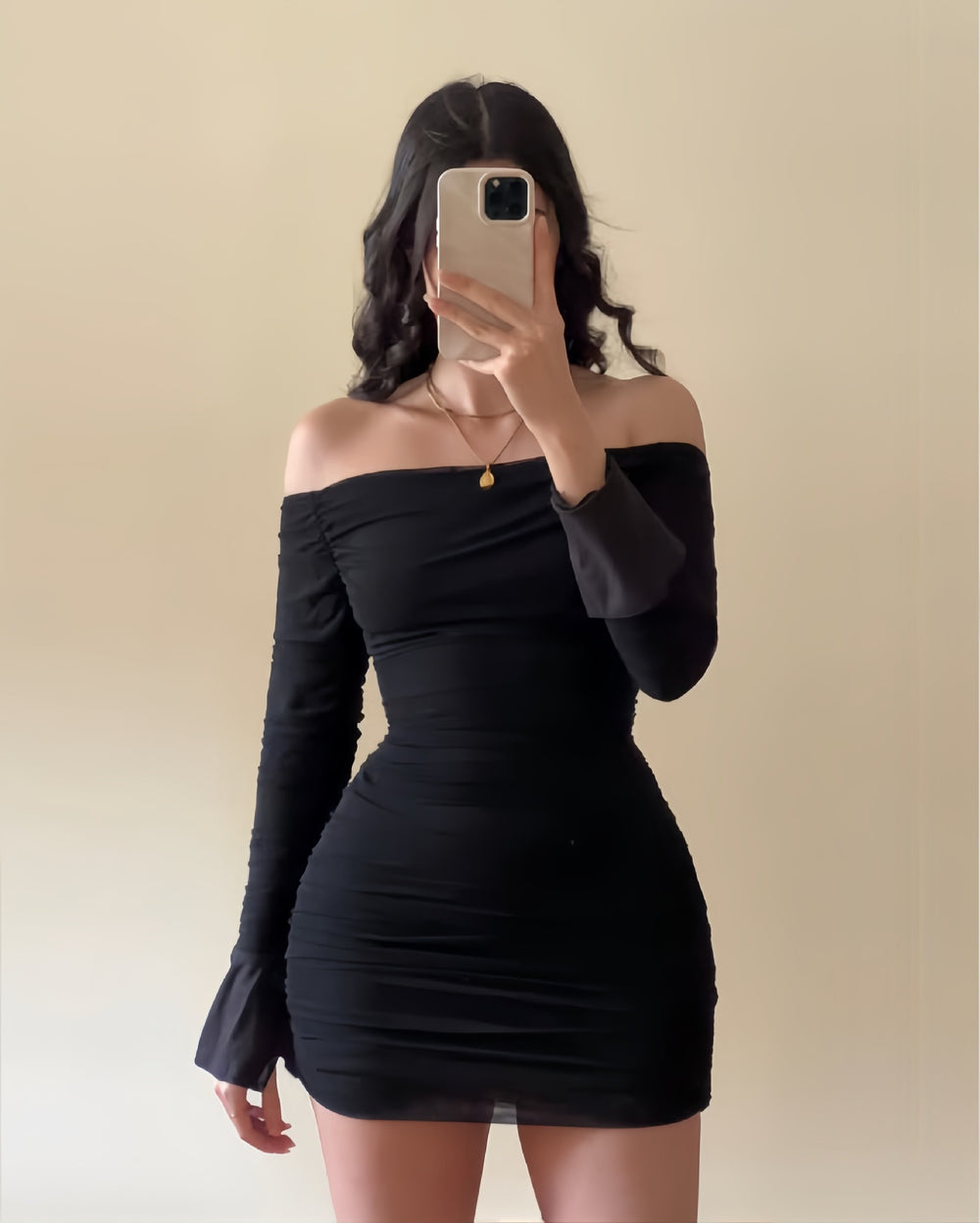 European and american cross-border women's fashion  spring new arrival: solid color flared long sleeve bandeau off-the-shoulder bodycon sexy dress