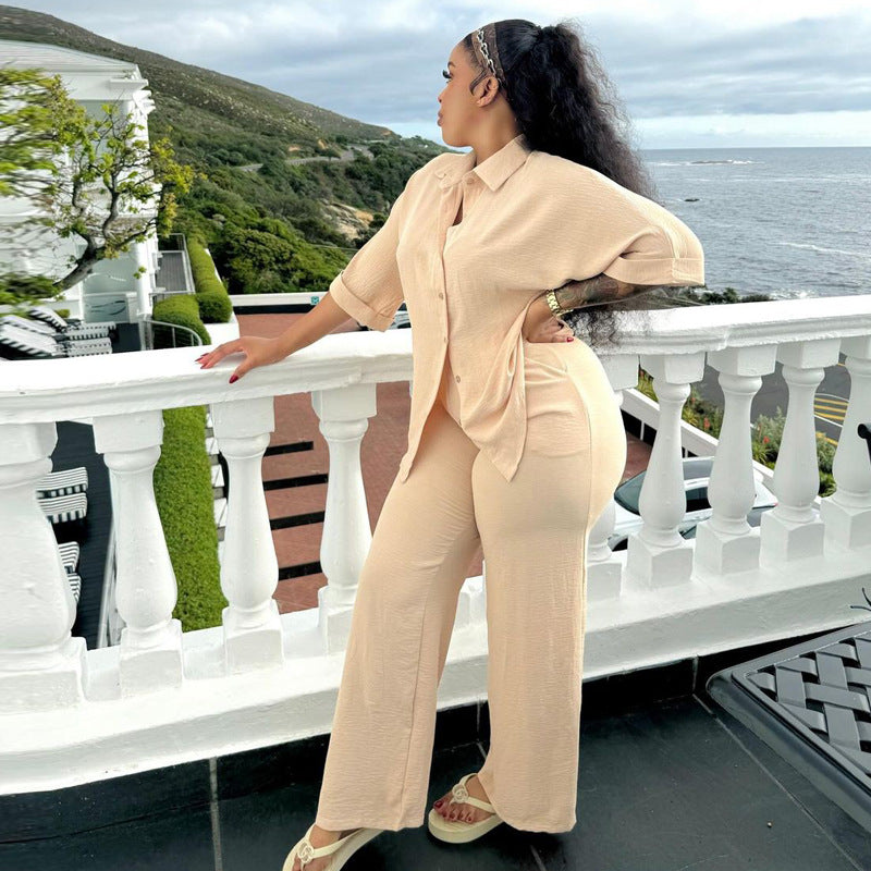 Cross-border Africa  Fashion Casual Loose Short Sleeve Shirt Cardigan Pants Set Women's Two-piece Set Women's