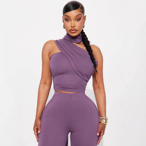 European and American  new women's clothing sexy lace-up neck off-the-shoulder sleeveless top waist-length fashion casual trousers set