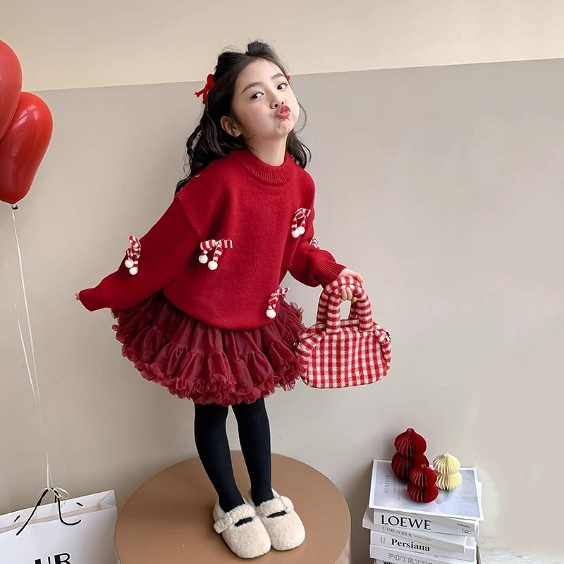 Girls' new year outfit: red sweater, winter knit top, stylish children's sweater,  new year's festive apparel