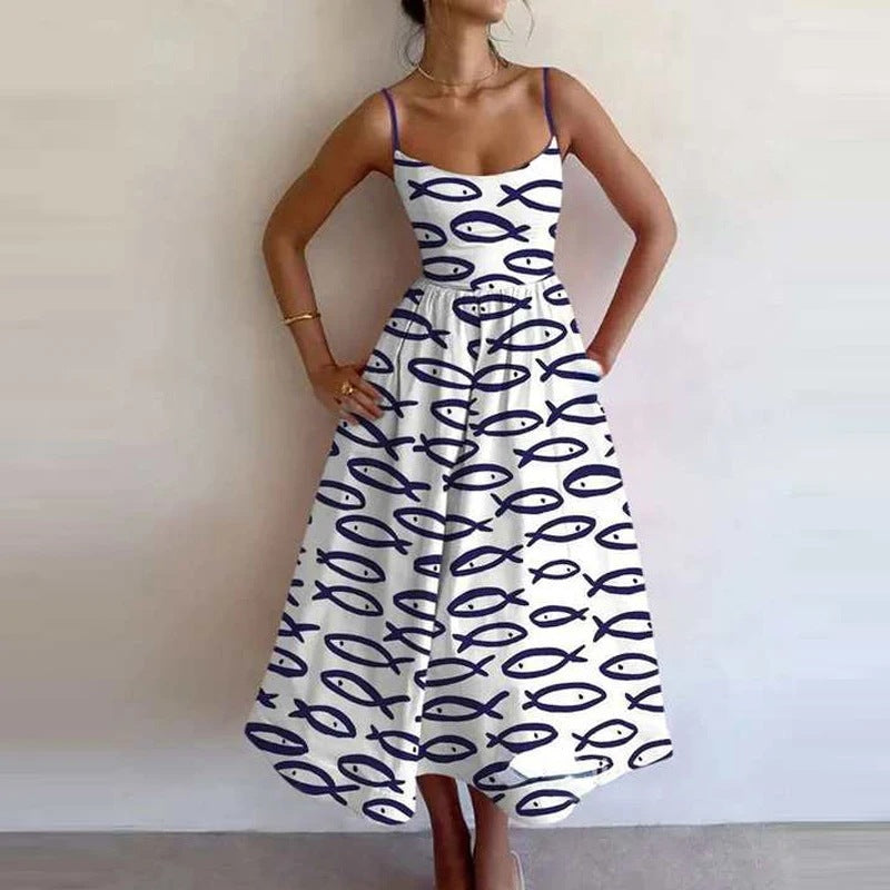 cross-border e-commerce european and american women's clothing: new summer collection - elegant vacation style, unique print, slim-fit cami dress