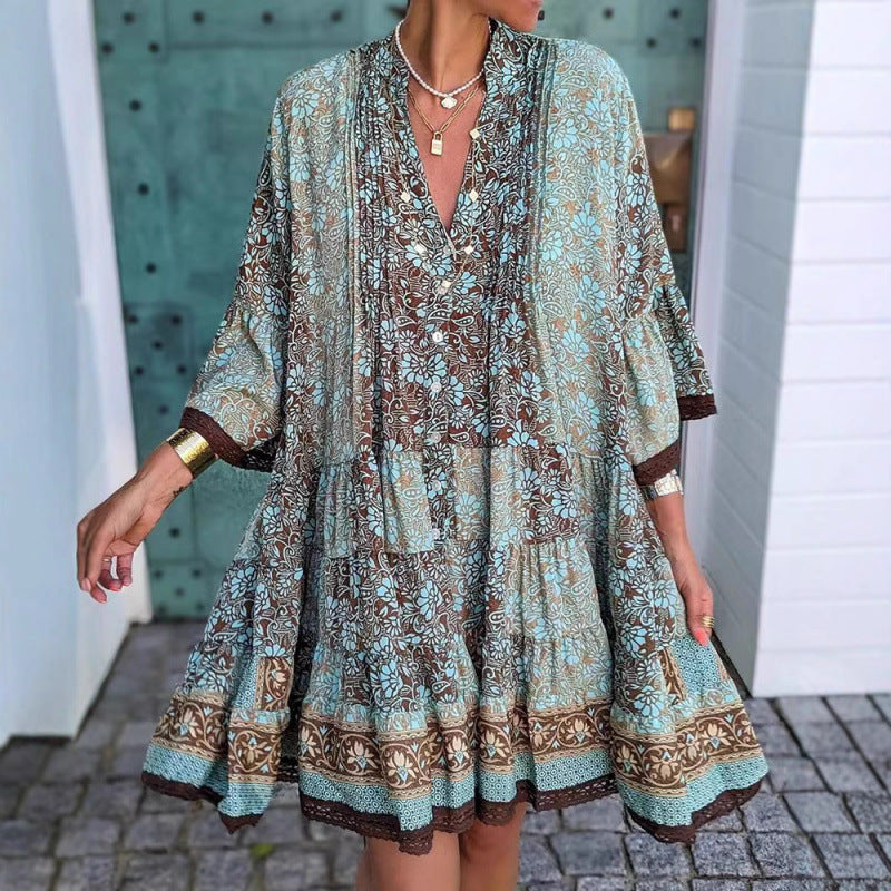 fashion: european and american style, summer new arrival - elegant flared sleeve printed v-neck dress for women