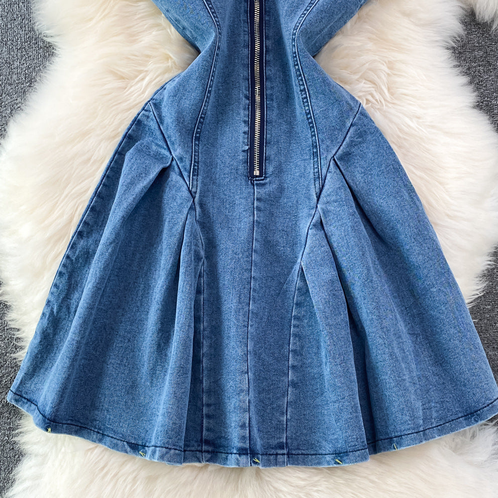 summer new arrival: tie-waist, slim-fit, backless, sleeveless, sexy & sweet spicy denim a-line dress for women