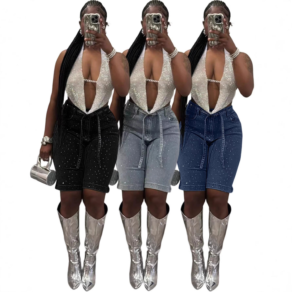 D8739  spring/summer new european and american style loose denim shorts with full hotfix rhinestone embellishments and optional belt -