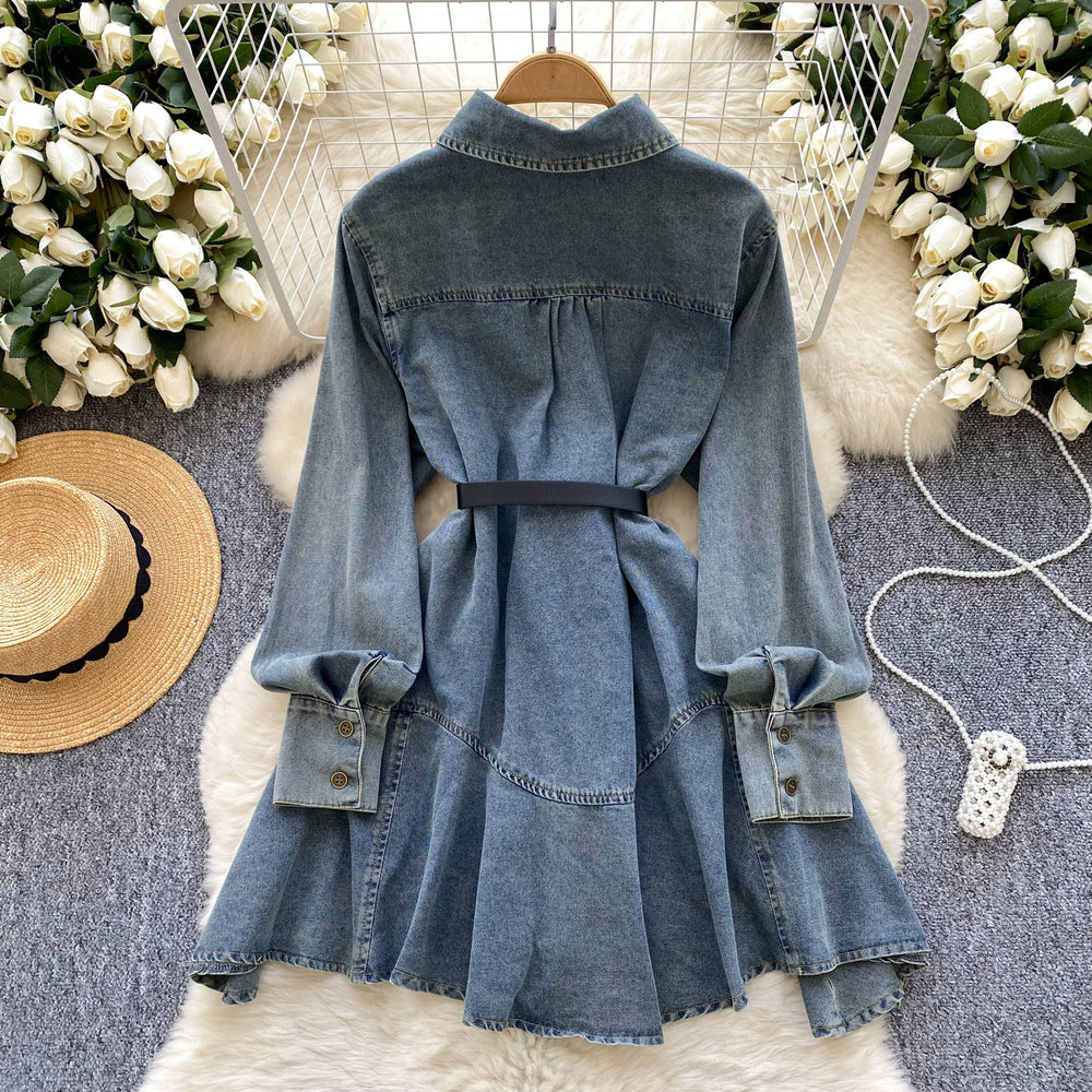 New spring chic hong kong style retro high-end loose slimming irregular tie-waist denim dress for women