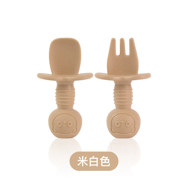 Food grade silicone fork and spoon baby learning to eat training licking spoon short handle silicone complementary food spoon mini baby soft spoon