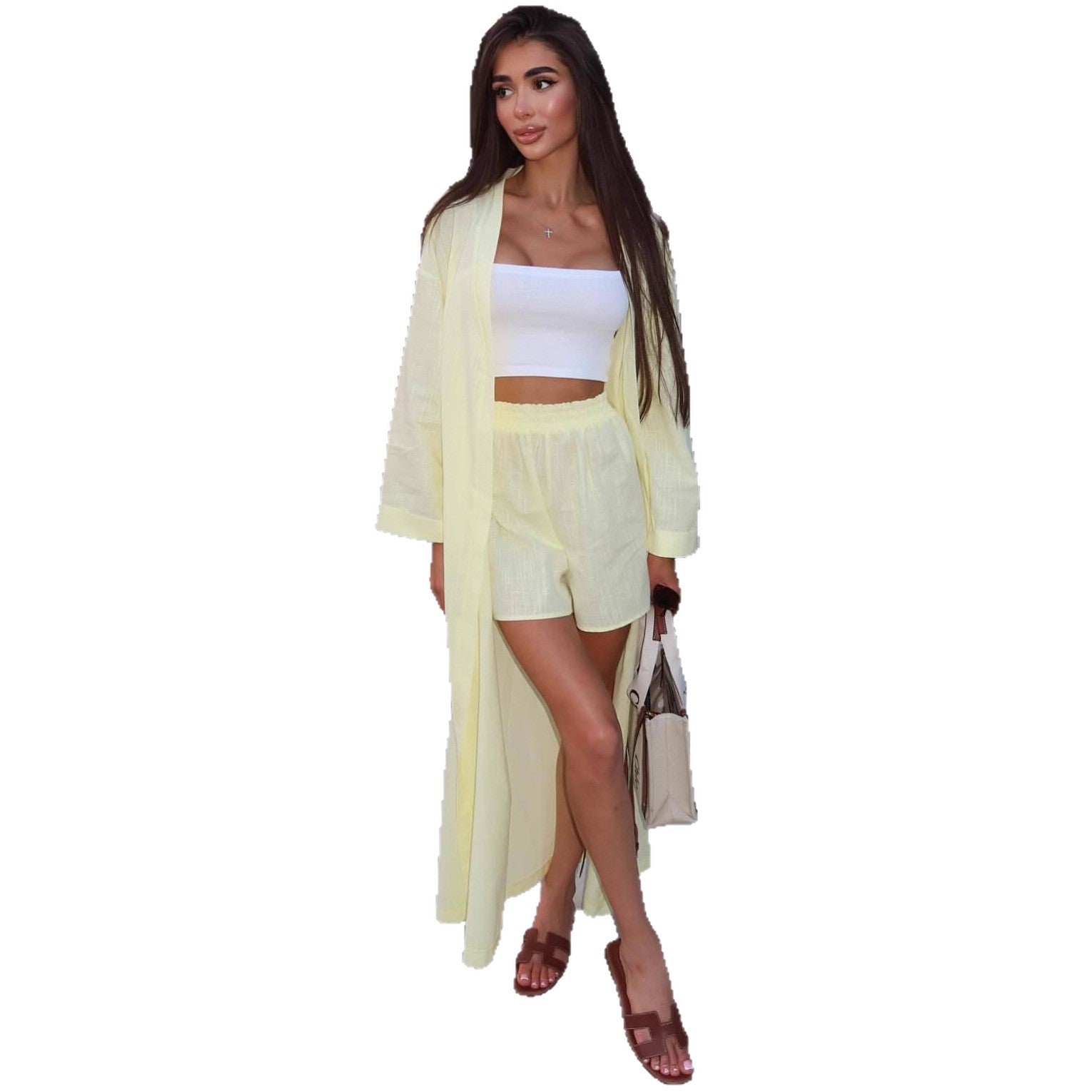European and American large-size cardigan long shirt women's casual shorts set   fashion new foreign style two-piece set