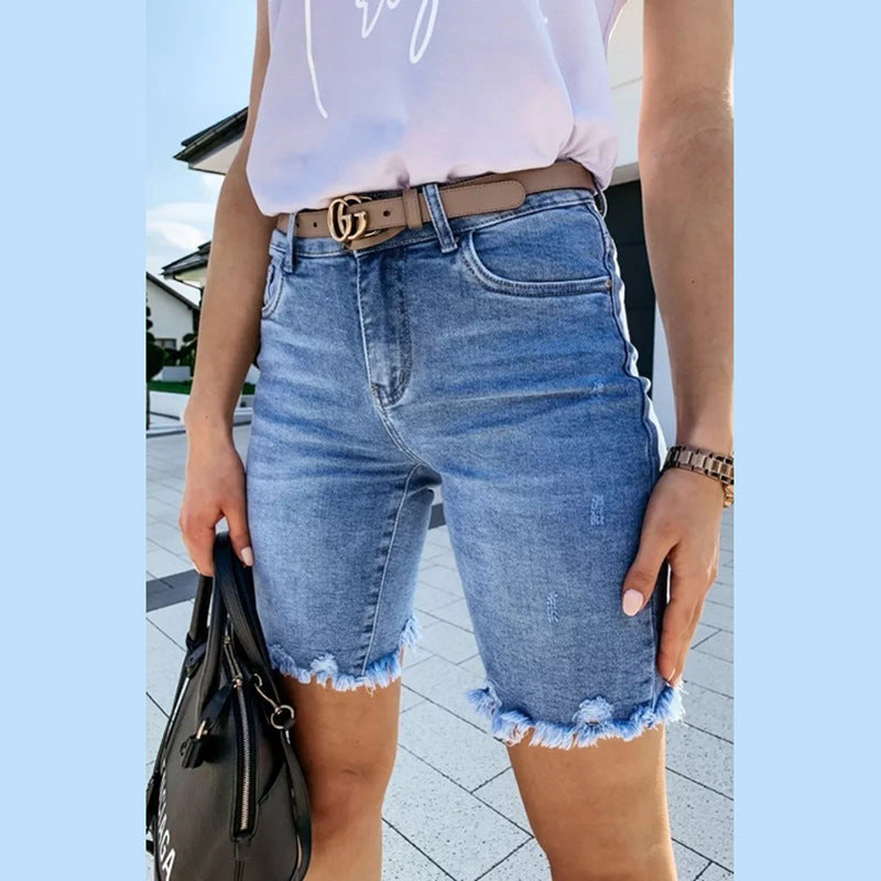 Amazon  hot selling denim mid-length shorts women's summer ins trendy high-waisted frayed straight-leg capri jeans