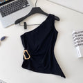 Spicy girl style asymmetrical one-shoulder minimalist camisole - women's summer slimming metallic detail outerwear top