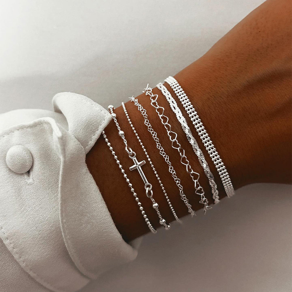 European and american cross-border retro layered bracelet set - 7 piece fashionable and elegant cross & heart hollow-out jewelry set