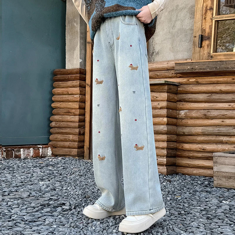 Girls' spring new casual versatile jeans  jacquard wide-leg jeans - stylish and trendy for girls