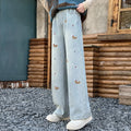 Girls' spring new casual versatile jeans  jacquard wide-leg jeans - stylish and trendy for girls