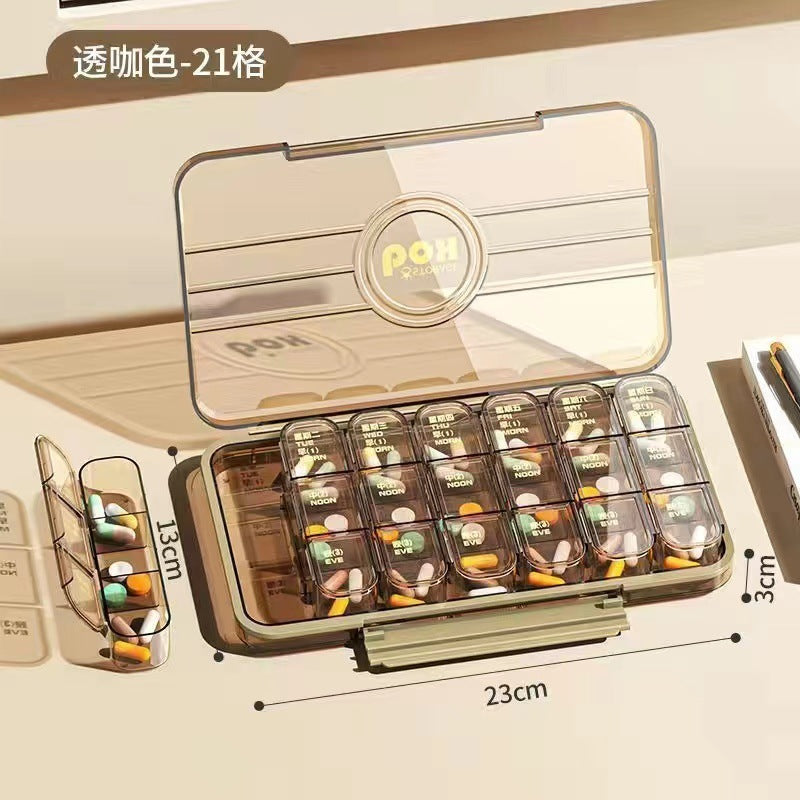 Medicine box, portable portable medicine dispensing box seven days a week, three meals a day dispenser, large-capacity tablet storage box