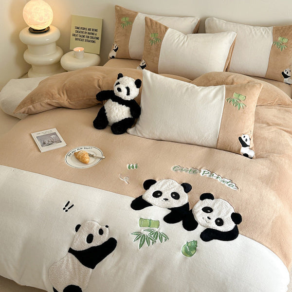 Milk fleece four-piece winter thickened warm coral fleece cute panda embroidered quilt cover bed sheet hat bedding