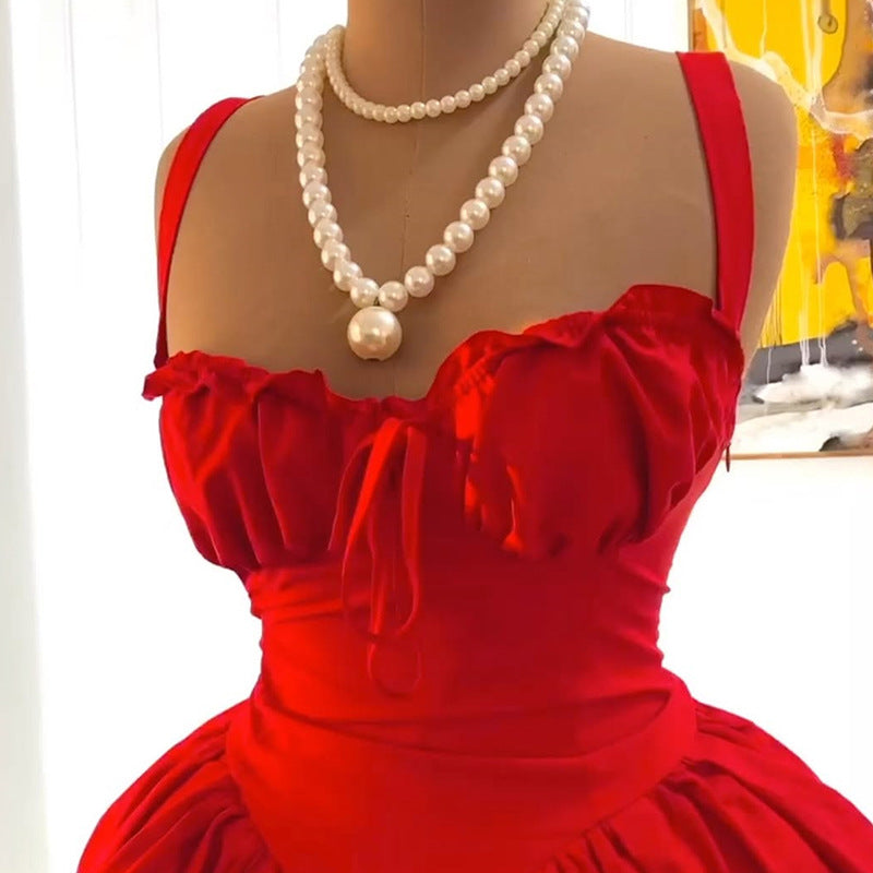 European and american cross-border women's fashion:  summer new arrival - elegant bow high-waisted boned a-line cami mini dress