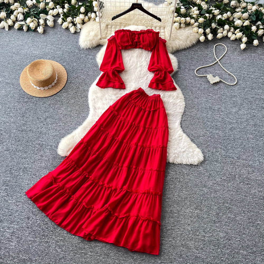 Vacation style elegant one shoulder shorttube top navel exposed chiffon tops high waistruffles skirt hot girl suit