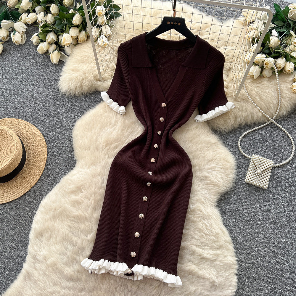 French gentle style v neck fungus edge knittingdress k-style short sleeve women's metal button slimming lookpetites short skirt