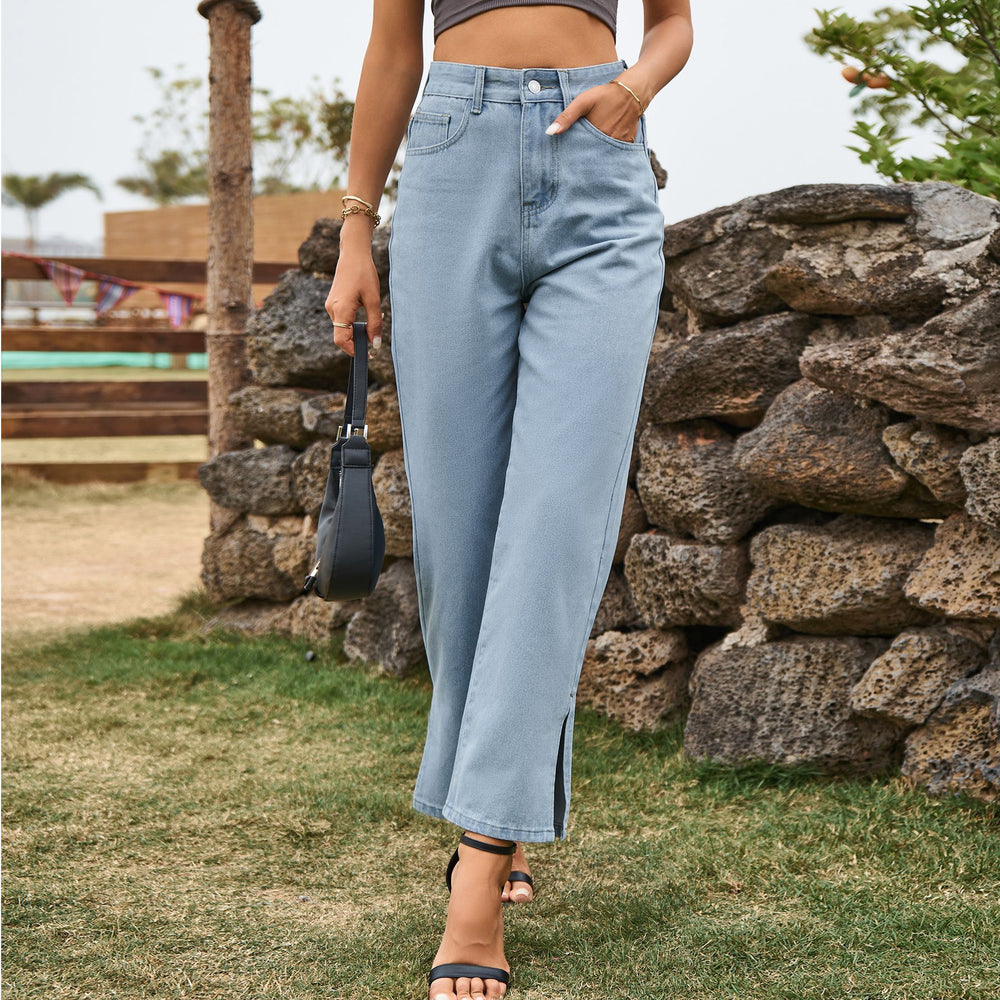 Fashionexport  new arrival washed slit popularelegant mid-waist  denim pants casual pants for women