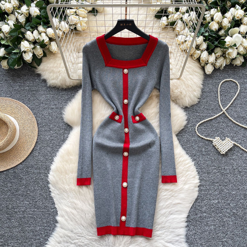 Frenchclassy small fragrant fashionablecontrast color square collar pearl button silmdress women's waist bag hip knitting skirt