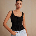 European and american style sweet square neck drawstring ruched camisole top - women's slimming, figure-flattering, ruffle hem, open back top