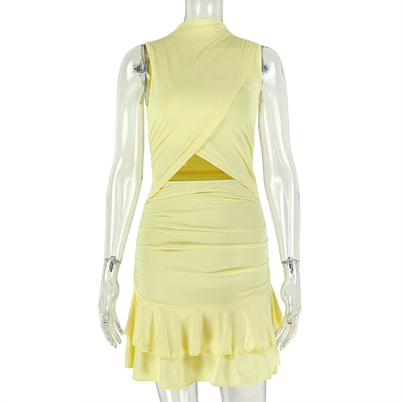 European and american style ins cross-border pure color fashion women's pleated waist a-line skirt round neck cut outruffles short dress