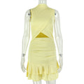 European and american style ins cross-border pure color fashion women's pleated waist a-line skirt round neck cut outruffles short dress