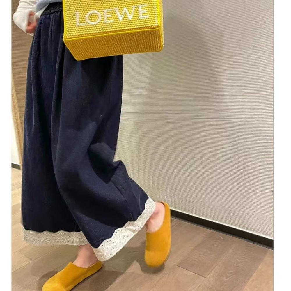【summer new arrivals】korean style girls' lace-trimmed denim pants -  new fashion wide-leg trousers for baby girls