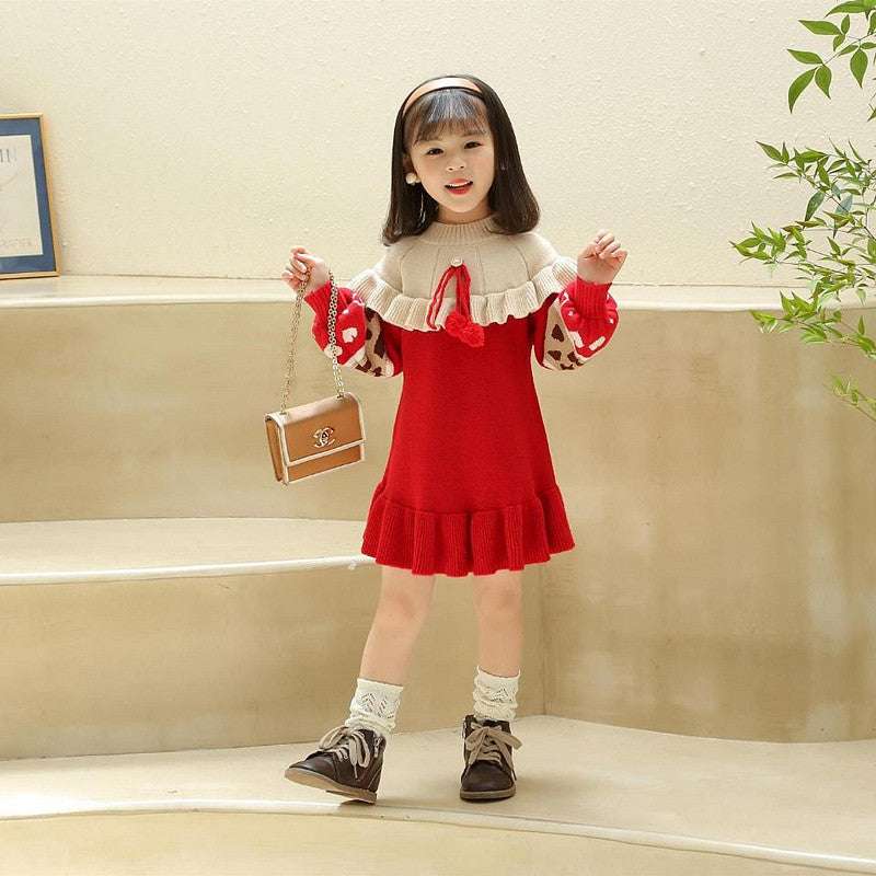 Girls' knit sweater dress - new autumn/winter  collection - kids' long knit dress with pom-poms - baby girl's new year's long dress