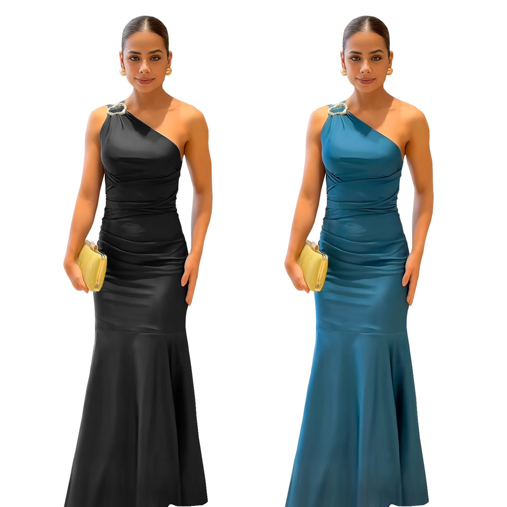 C7553 cross-border   fashion women's elegant bodycon solid color mermaid dress
