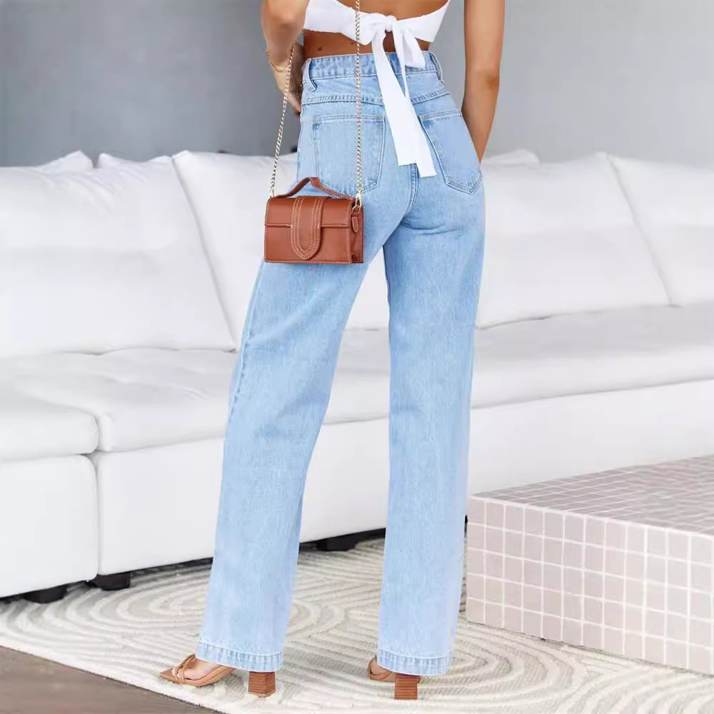 women's jeans:   hot-selling european and american style elegant commute wide-leg jeans, washed stretch denim