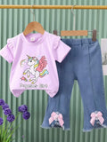 Factory direct: new girls' summer two-piece set - korean style unicorn short sleeve top + bowknot flare pants