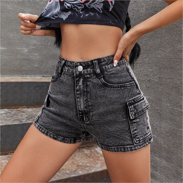 TC70214 Europe and America   Women's Straight Pocket Denim Shorts Millennium Style Elastic Sexy