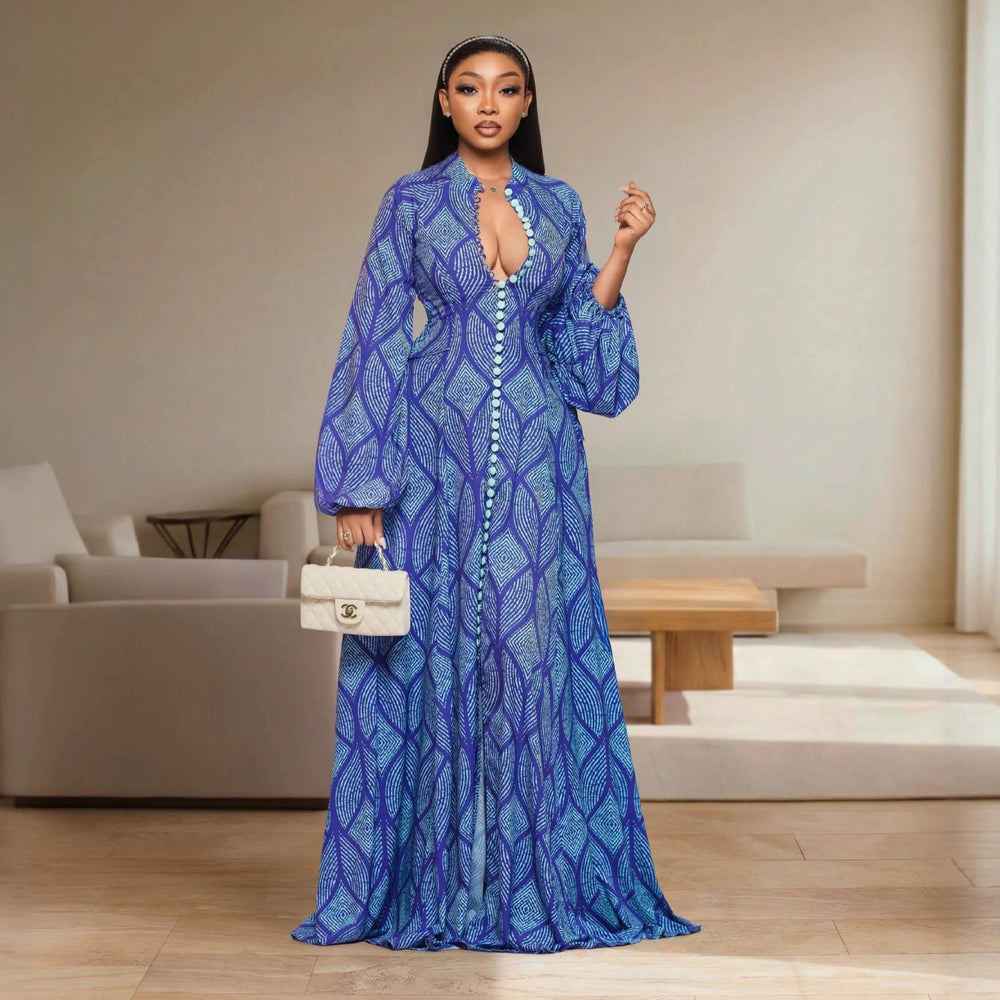 European and american cross-border women's clothing:  summer new arrival - elegant, slim-fit, printed maxi dress with button detail