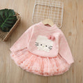 Girls' winter sweater: thickened inner layer with cartoon kitten design, knitted base layer, fleece-lined option, can be paired with a tutu skirt, crew neck