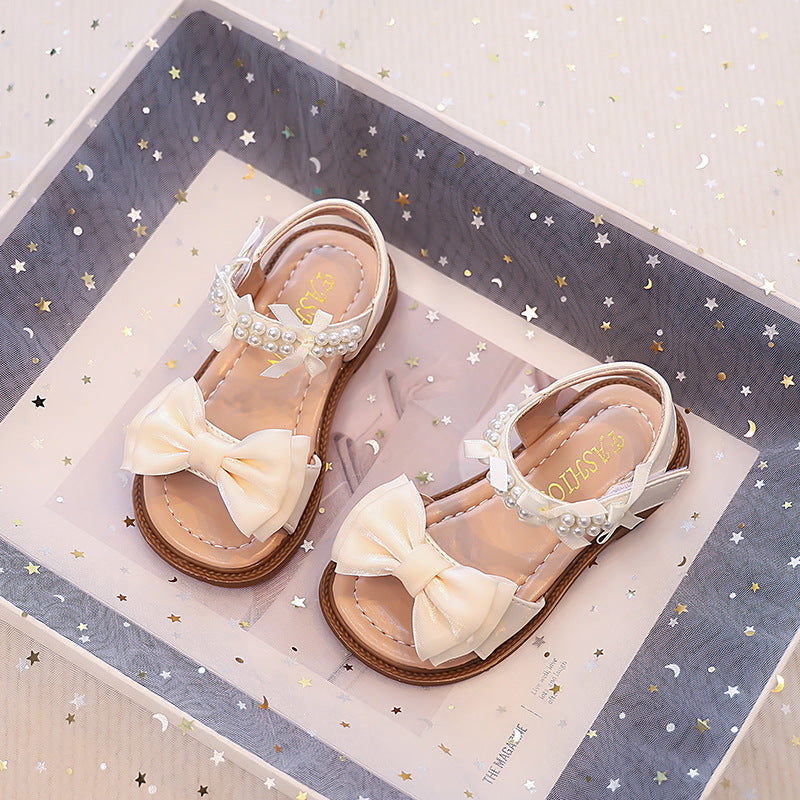 Vancahao kids' chanel-inspired pearl open-toe sandals -  summer new korean style girls' bow princess shoes