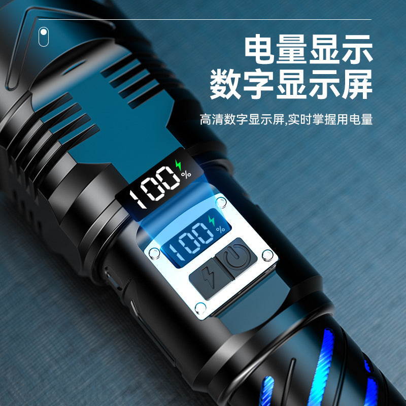 Cross-border new super bright strong light flashlight charging outdoor long-distance shooting household rechargeable aluminum alloy zoom digital flashlight