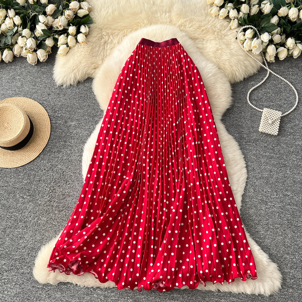 K-style polka dot pleated elegance skirt women's high waistslimming looka-line long skirtwork clothingeasiest for matchpatchworkelegant skirt