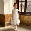 export girls' dress - lace trim, short sleeve, white, vacation style, tulle skirt, summer children's dress - in stock