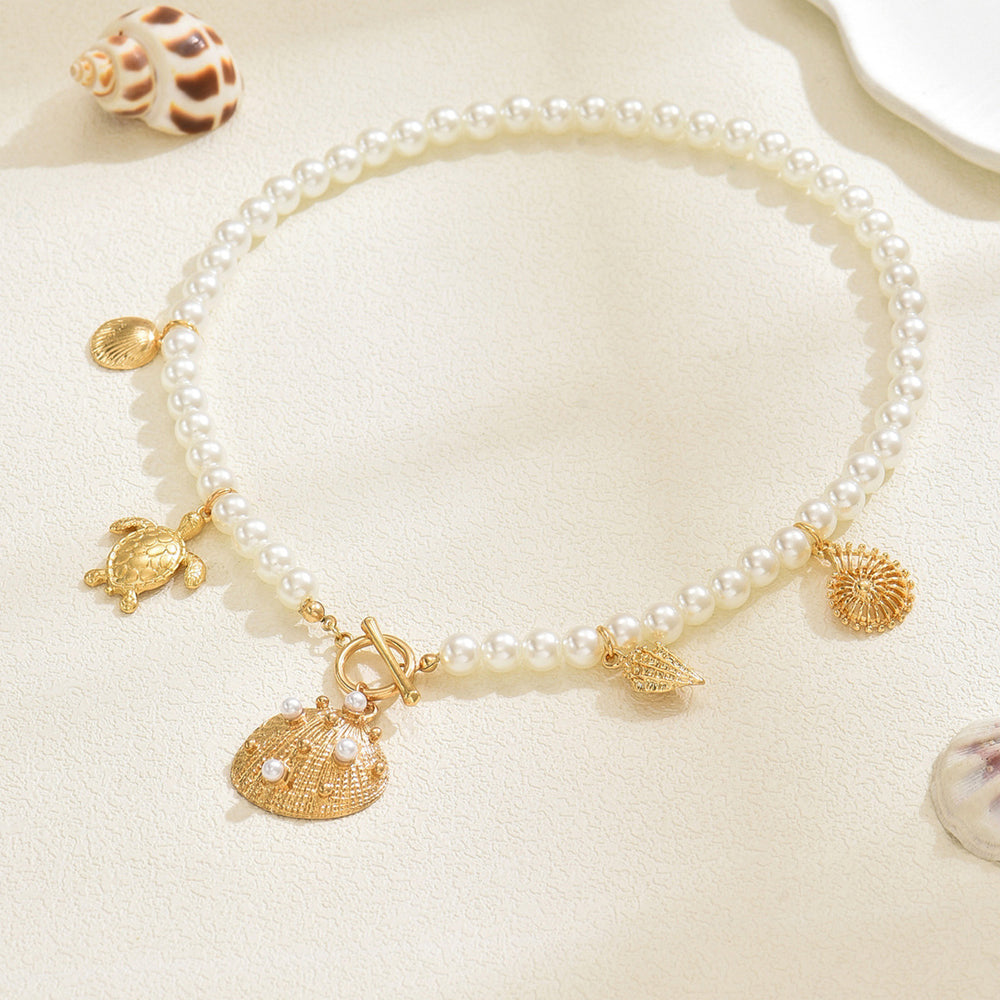 European and american cross-border jewelry: summer vacation style faux pearl necklace, fashionable niche design, seashell turtle clavicle chain
