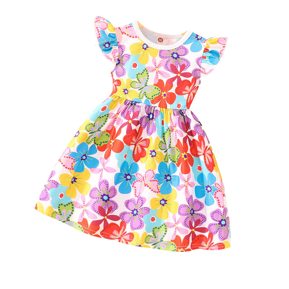 Kids' butterfly print flutter sleeve a-line dress with elastic waist - random stripe color assortment