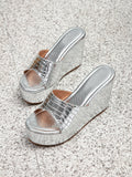 Fashionfashion patent leather thick sole wedge slippers women's sandals toe silver women's shoes thick sole wedge sandals in stock