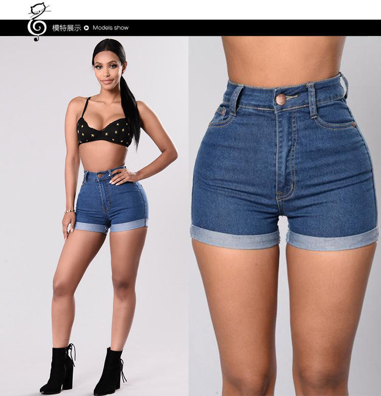 e-commerce   european and american new summer women's denim shorts sexy high-waisted rolled hem hot pants