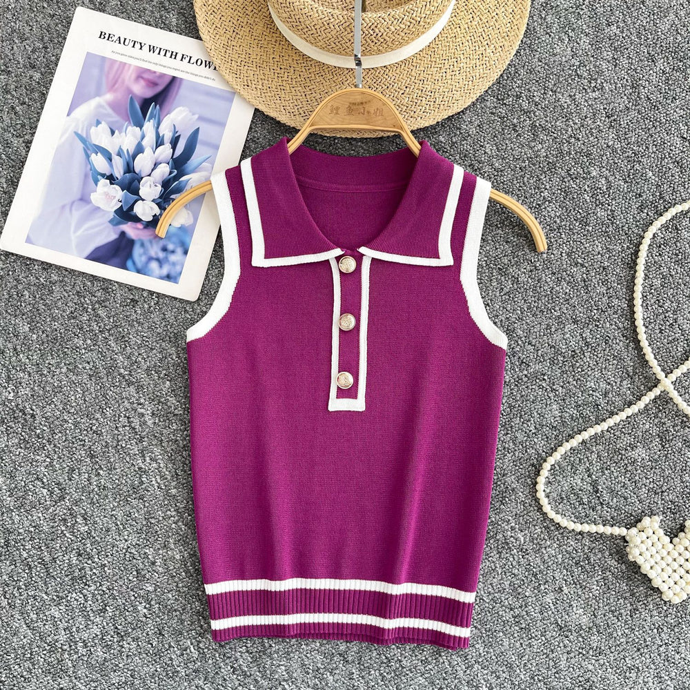 Minimalist striped knit sleeveless tank top for women - summer lapel, slim fit, figure-flattering design, chic and stunning, petite-friendly top