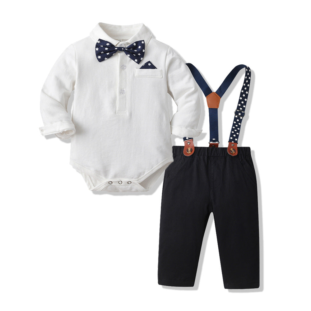 Boys' spring outfit set, long-sleeve romper and bib overalls set, cross-border two-piece baby clothes