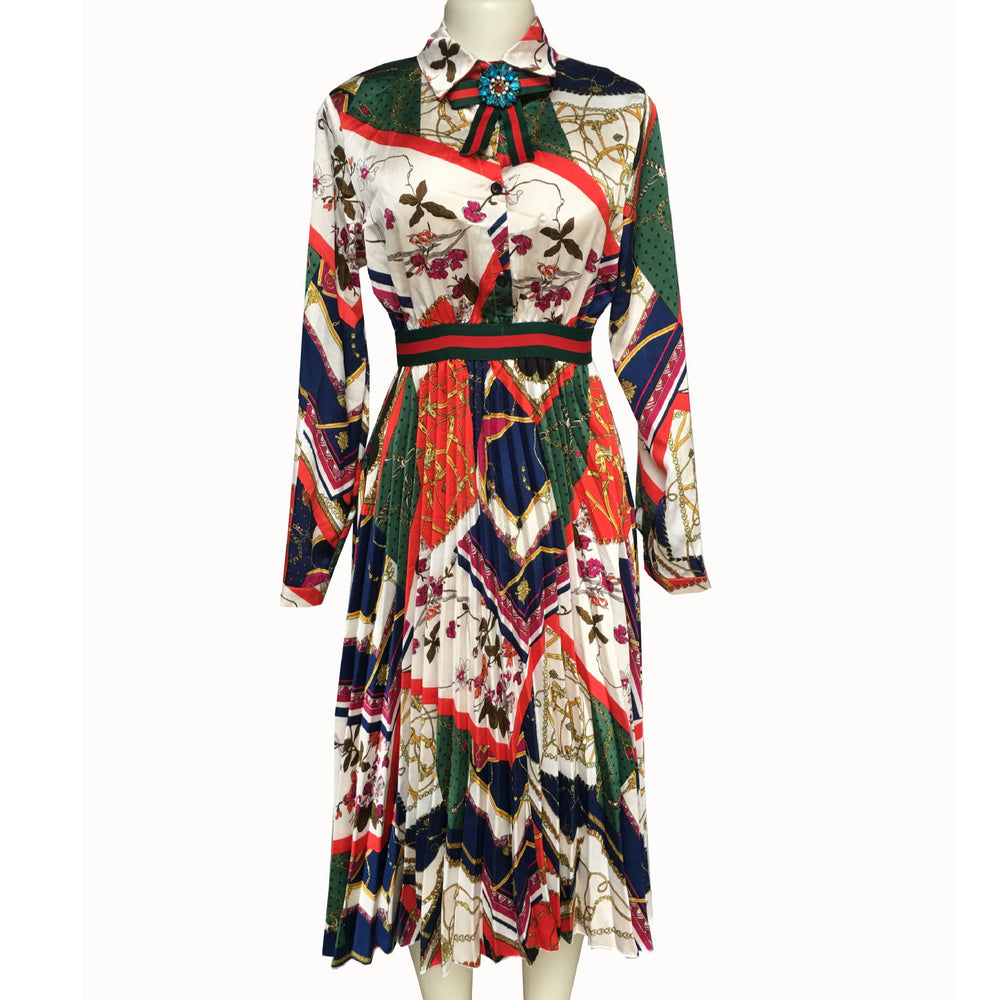 Satin printing pleated elegant socialite style african fashion shirt collar waist shirt collar long skirt