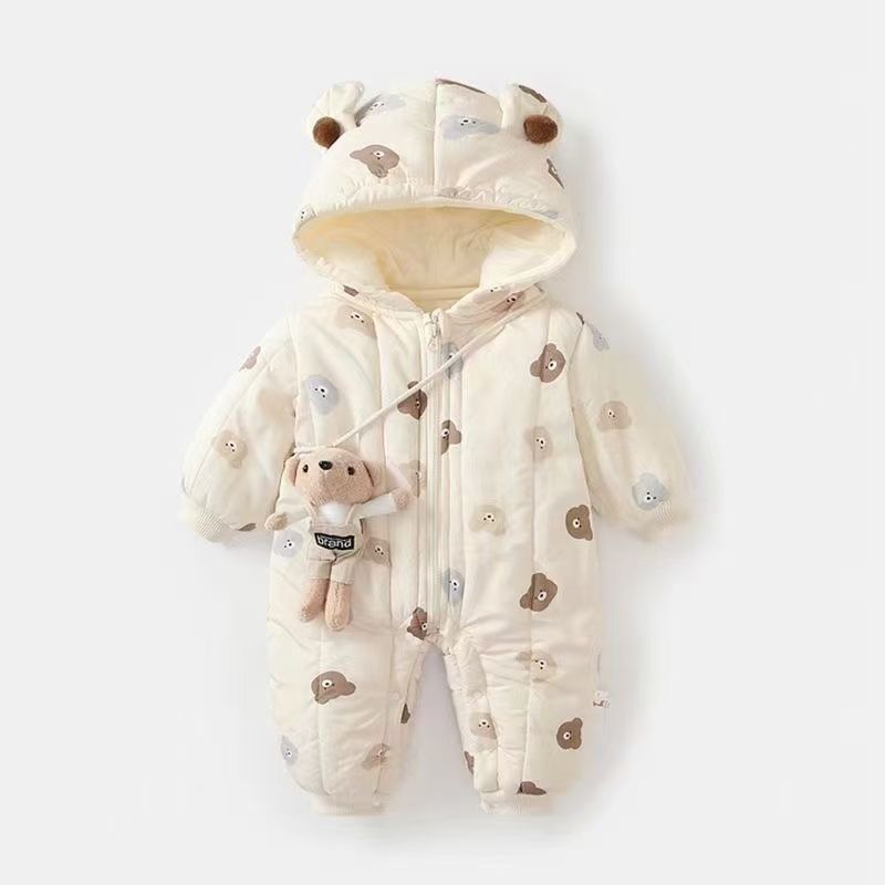 Newborn baby 100-day celebration bodysuit, infant winter clothes, thickened fleece-lined outfit, cartoon full month celebration winter wear